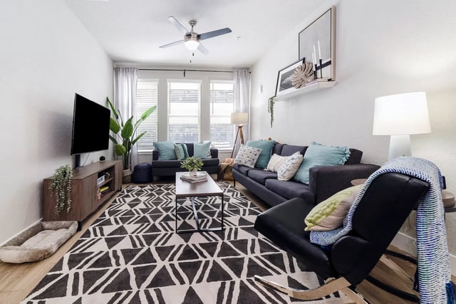 Sofa rug coffee table TV entertainment center living room at Alsander GNV in Gainesville Student Accommodation
