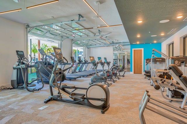 Cardio machines treadmills stationary bikes gym equipment fitness area at Alsander GNV in Gainesville Student Accommodation