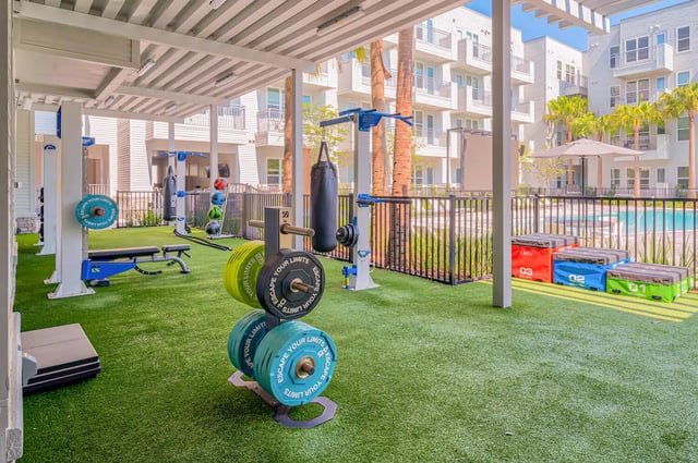 Weight plates punching bag benches exercise equipment outdoor gym at Alsander GNV in Gainesville Student Accommodation