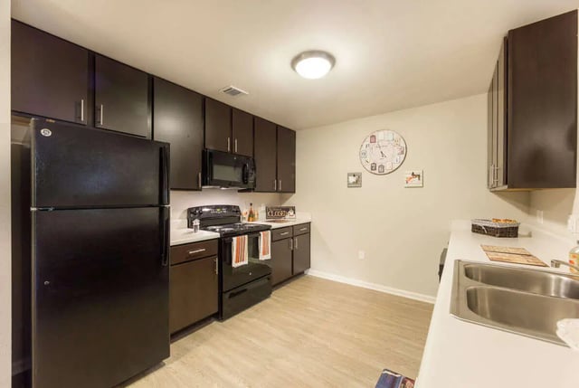Black refrigerator stove dark cabinets double sink kitchen at Harris Branch Senior in Austin Student Accommodation