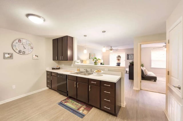 Dark cabinets stainless steel sink clock kitchen at Harris Branch Senior in Austin Student Accommodation
