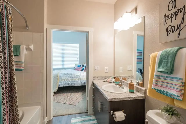 Shower curtain sink countertop toilet bedroom Bathroom at Gateway on Cullen in Houston Student Accommodation