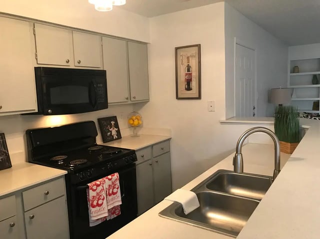 Black microwave stove double sink kitchen at Ironhorse Flats in Austin Student Accommodation