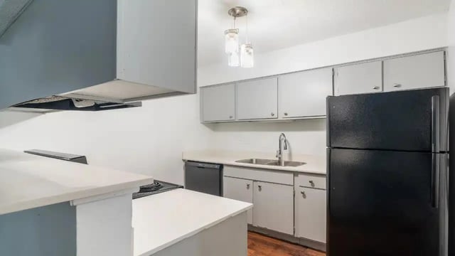 Black refrigerator dishwasher sink cabinets kitchen at Ironhorse Flats in Austin Student Accommodation