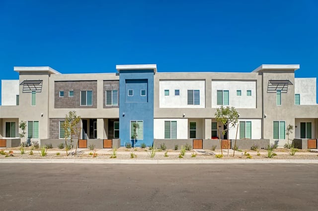 Modern townhouses with blue gray white accents exterior at BB Living at Val Vista in Gilbert Student Accommodation