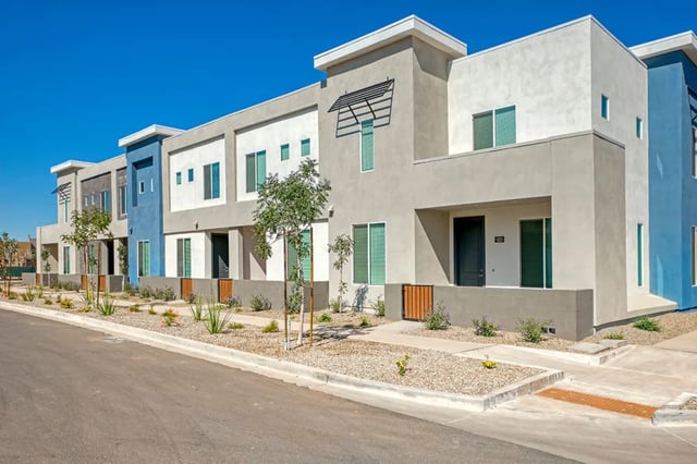 Modern townhouses with landscaping exterior at BB Living at Val Vista in Gilbert Student Accommodation