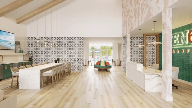 Long communal table with bar stools lounge area interior at Ten60 Halifax in Daytona Beach Student Accommodation