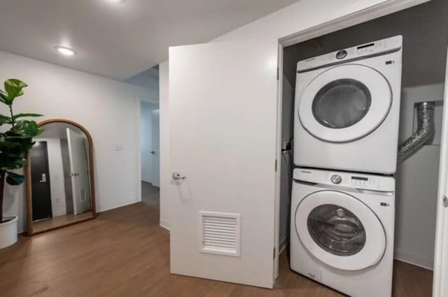 Stacking washer dryer in closet Laundry Room at Ari on Fourth in Tucson Student Accommodation