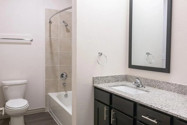 Toilet bathtub mirror sink vanity bathroom at Riverside Villas in Fort Worth Student Accommodation