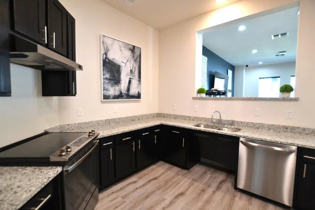 Black cabinets granite countertops stainless steel appliances kitchen at Riverside Villas in Fort Worth Student Accommodation