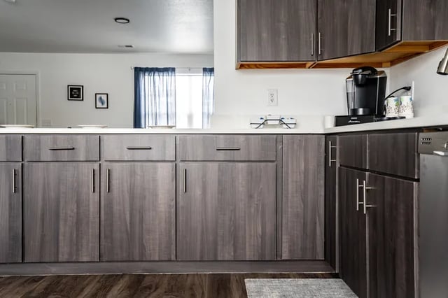 Grey cabinets coffee maker glasses plates kitchen at Canvas Townhomes in Allendale Student Accommodation