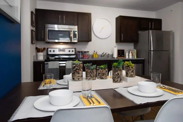 Dining table with place settings and succulents kitchen interior at Locale Student Housing in Allendale Student Accommodation