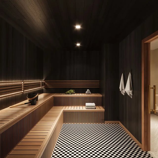 Wooden benches towels and checkered floor sauna at VERVE Ann Arbor in Ann Arbor Student Accommodation