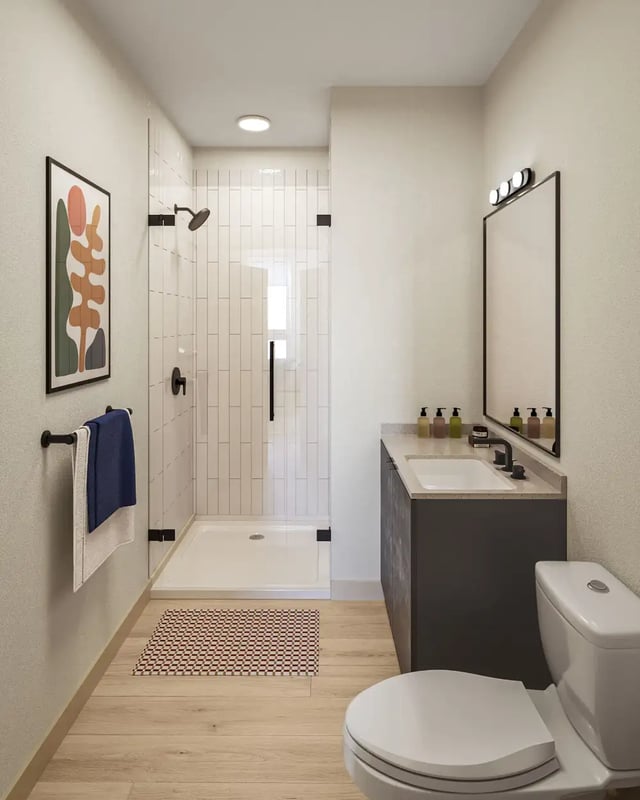 Glass shower sink vanity toilet bath mat Bathroom at VERVE Ann Arbor in Ann Arbor Student Accommodation