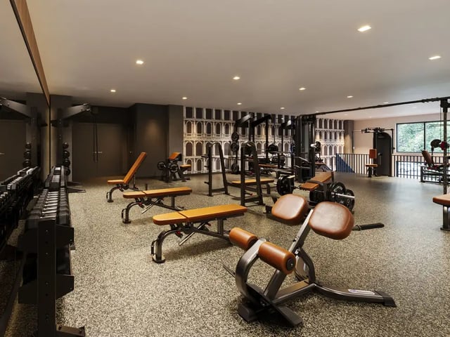 Dumbbells weight benches and machines gym area at VERVE Ann Arbor in Ann Arbor Student Accommodation