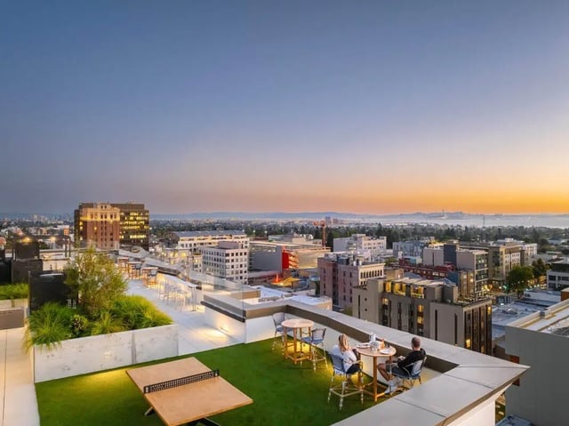 Rooftop seating ping pong table outdoor lounge area at Ace Berkeley in Berkeley Student Accommodation
