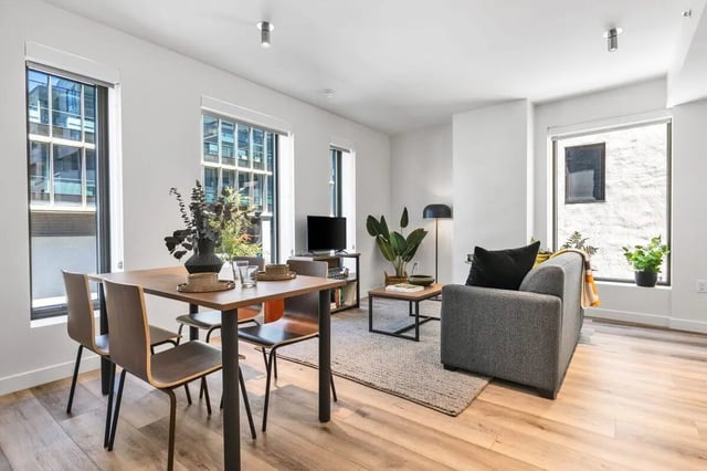 Dining set sofa coffee table living room at Ace Berkeley in Berkeley Student Accommodation
