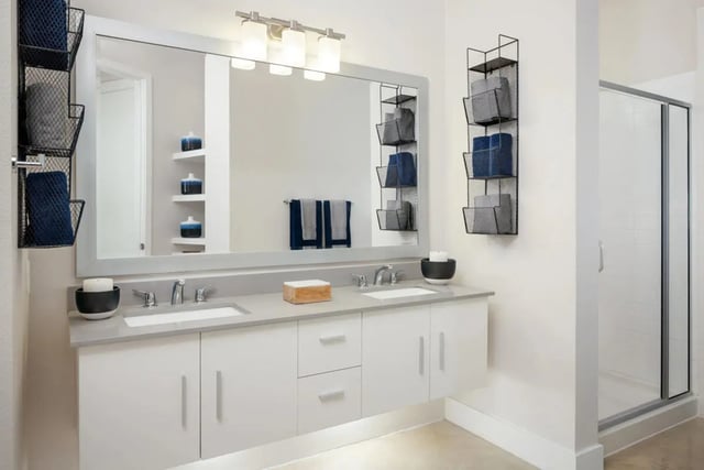 Double vanity with shower and wall organizers Bathroom at The Flats at Big Tex in San Antonio Student Accommodation