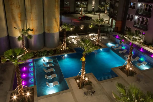 Pool with lounge chairs and palm trees outdoor area at The Flats at Big Tex in San Antonio Student Accommodation