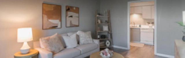 Sofa artwork lamp shelf kitchen Living room at The Grand 1501 in College Station Student Accommodation