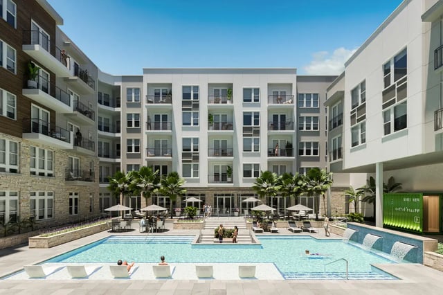Modern apartment buildings with pool and lounge chairs exterior at The Mercury in Austin Student Accommodation