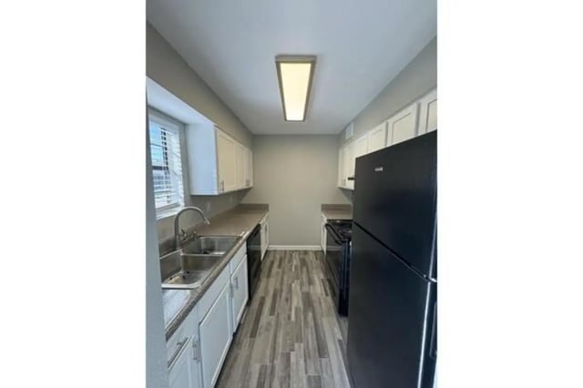 Double sink cabinets refrigerator stove kitchen at Villas at Alameda in Fort Worth Student Accommodation