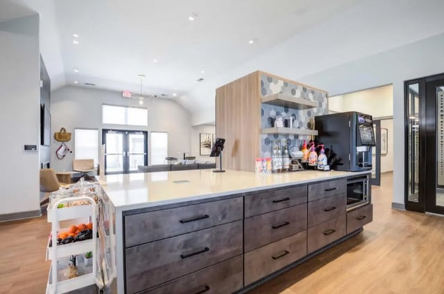 Coffee station with fruit cart kitchen at Collegiate Suites of Blacksburg in Blacksburg Student Accommodation