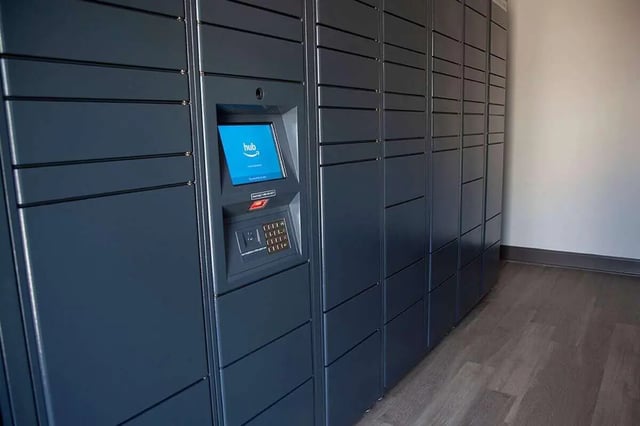 Hub package lockers with keypad and screen exterior at Avoca in Louisville Student Accommodation