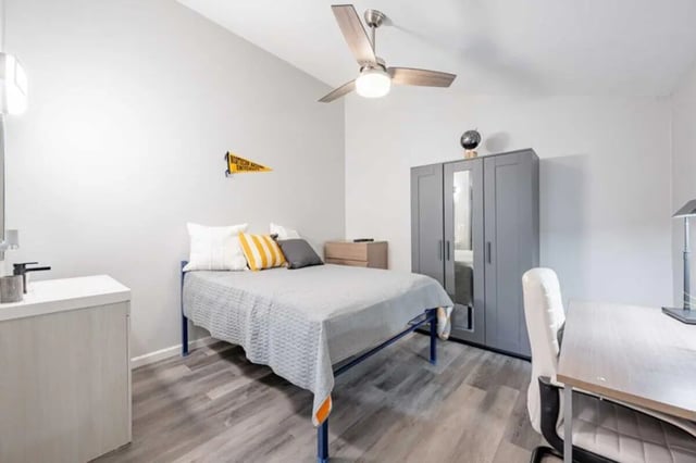 Bed desk wardrobe and sink bedroom at The Commons at Sawmill in Flagstaff Student Accommodation