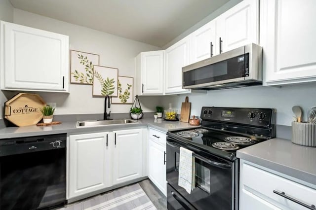 White cabinets black appliances artwork kitchen at The Commons at Sawmill in Flagstaff Student Accommodation