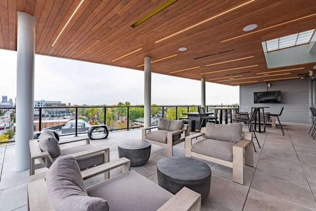 Gray seating with concrete tables Patio area at 8th and High Columbus in Columbus Student Accommodation