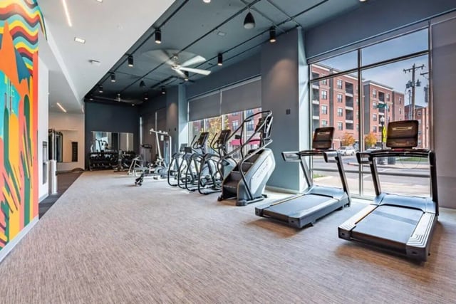 Gym with treadmills elliptical machines weight machines and weights fitness area at 8th and High Columbus in Columbus Student Accommodation