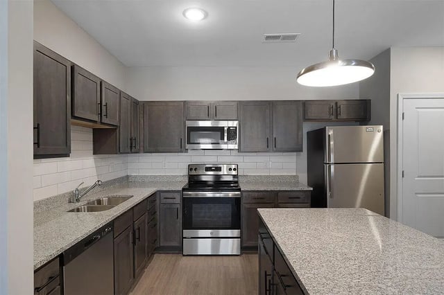 Dark cabinets stainless steel appliances granite counters kitchen at The Belltower in Louisville Student Accommodation
