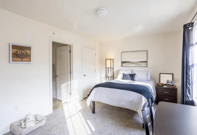 Bed nightstand lamp and dog bed bedroom at Copper Beech at Ames in Ames Student Accommodation