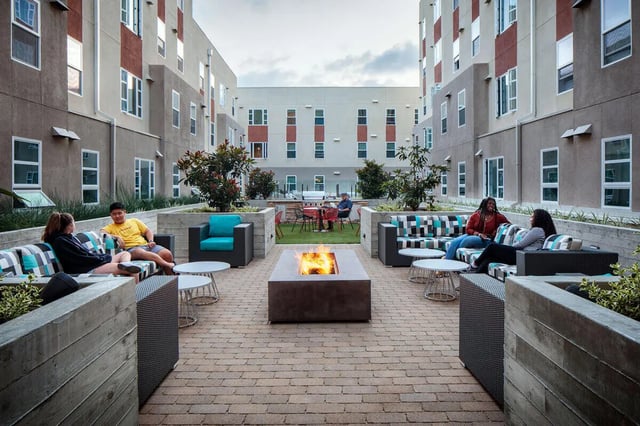 Courtyard fire pit with people on sofas patio at M @ College in San Diego Student Accommodation