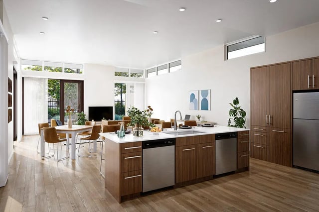 Island kitchen dining area with chairs living room at The Cove in Goleta Student Accommodation