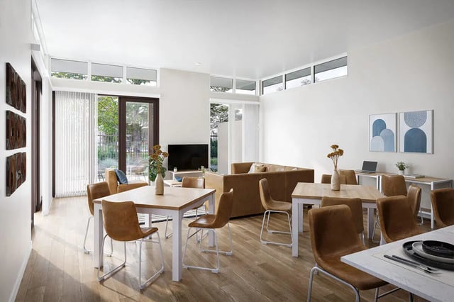 Dining and living areas with brown furniture Television living room at The Cove in Goleta Student Accommodation