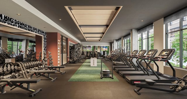 Treadmills weight benches and rowing machine gym at Ever West Lafayette in West Lafayette Student Accommodation
