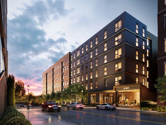 Modern building entrance with glass doors and signage exterior at Ever West Lafayette in West Lafayette Student Accommodation