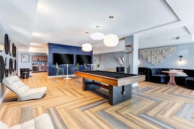 Pool table lounge area with seating living room at The Helmsman in Savannah Student Accommodation