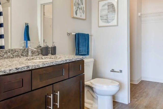 Dark wood vanity toilet and sink bathroom at Everly On The Loop in St. Louis Student Accommodation