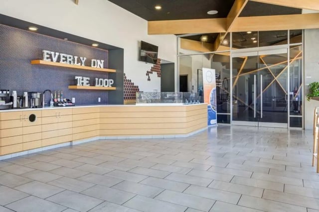 Coffee bar and reception desk area at Everly On The Loop in St. Louis Student Accommodation
