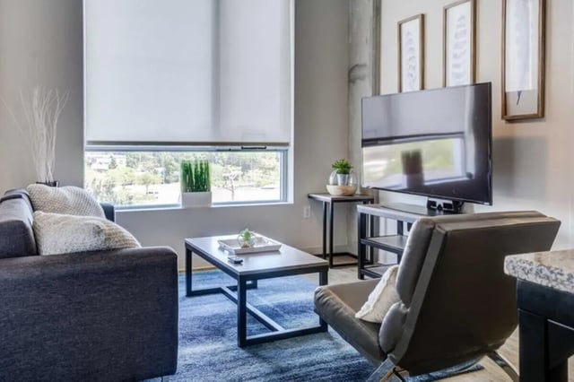 Sofa coffee table TV chair and rug living room at Everly On The Loop in St. Louis Student Accommodation