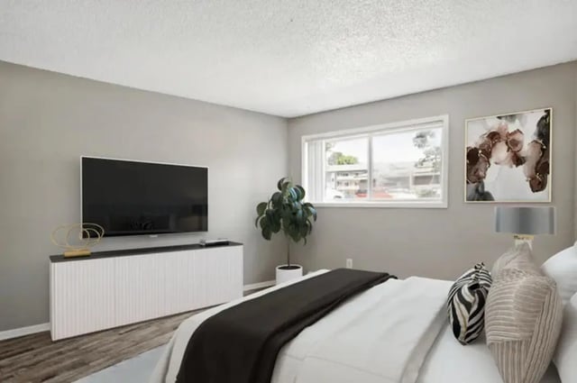 Bedroom with TV plant and abstract art Bedroom at Aviator Apartments in Colorado Springs Student Accommodation