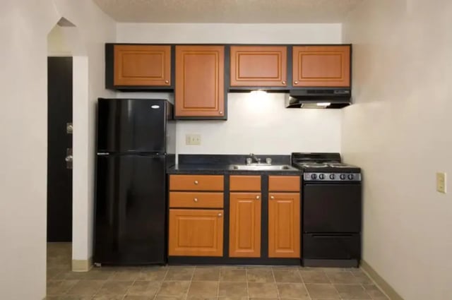 Black refrigerator cabinets sink stove kitchen at Chestnut Springs Apartments in Colorado Springs Student Accommodation