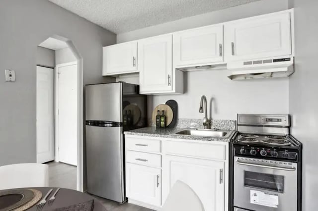 Refrigerator stove sink cabinets kitchen at Chestnut Springs Apartments in Colorado Springs Student Accommodation