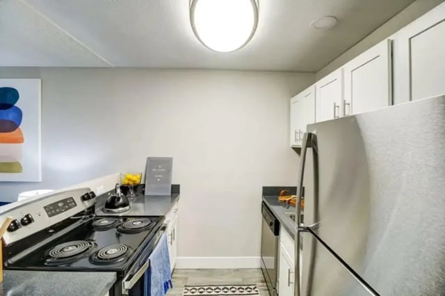 Stove refrigerator cabinets artwork kitchen at Copper Chase Apartments in Colorado Springs Student Accommodation