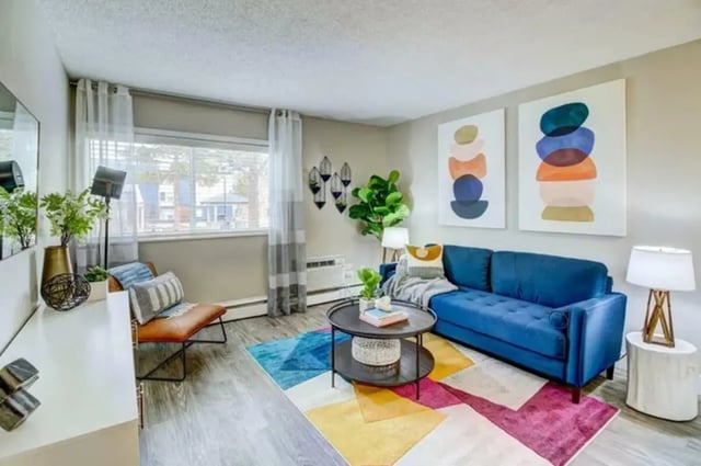 Blue sofa coffee table and colorful rug living room at Copper Chase Apartments in Colorado Springs Student Accommodation