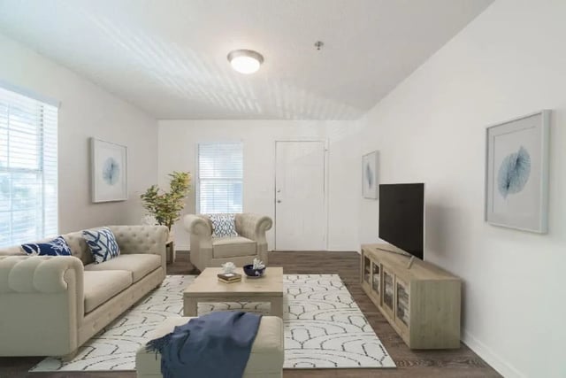 Sofa chair coffee table rug and TV living room at Newport Square Apartments in Colorado Springs Student Accommodation