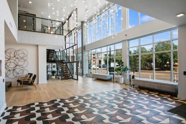 Modern lobby with seating and staircase lounge at RYE SoBo in Denver Student Accommodation